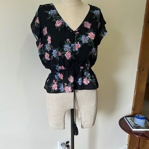 Floral Black Blouse with Pink and Blue Accents